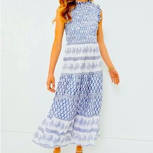 Oliphant Flora Blue Sleeveless Smocked Maxi Dress